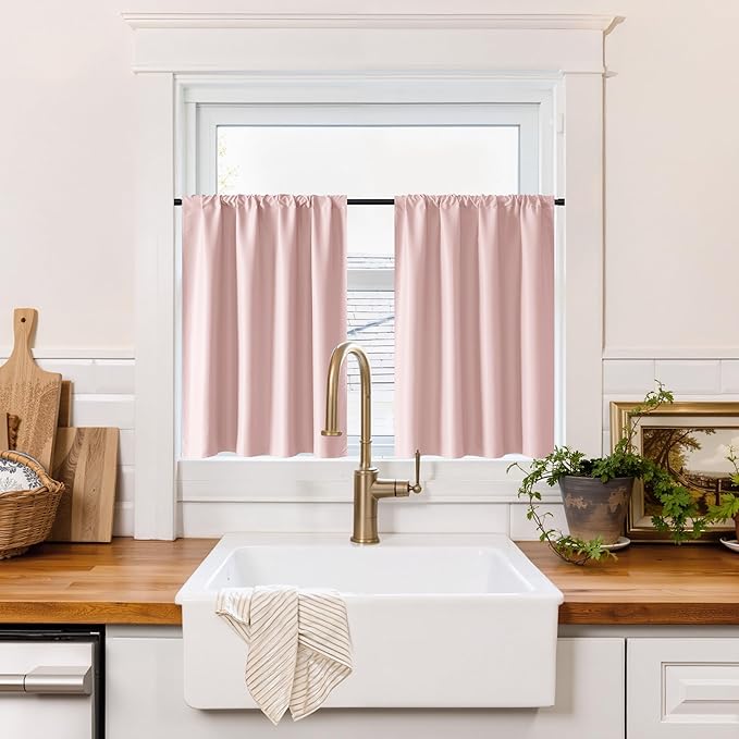 RYB HOME 100% Blackout Short Curtains for Small Window, Thermal Insulated Total Room Darkening Noise Reducing Curtains for Basement Bathroom RV Cars, 29 inches Wide by 24 inches Long, Baby Pink