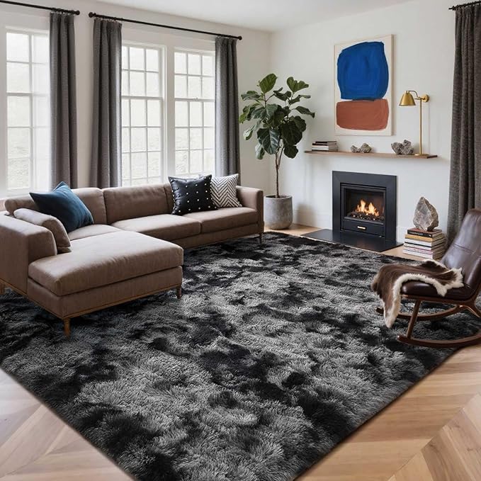 5x8 Ft Large Shag Rugs for Bedroom Living Room Decor for Men Boys, Tie Dyed Ultra Soft Fluffy Furry Area Rug for Indoor Floor, Aesthetic Carpet for Home Decor (Dark Grey)