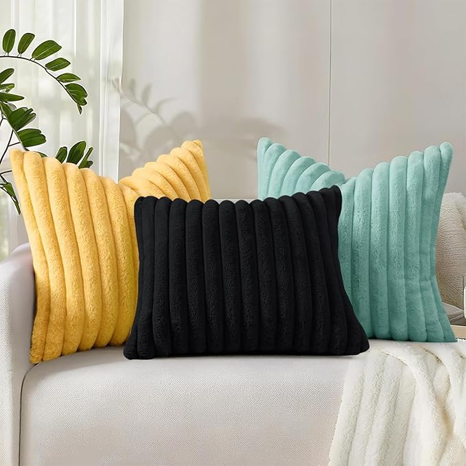 decorUhome Summer Cozy Faux Fur Throw Pillow Covers 22x22 Set of 2 Decorative Plush Striped Modern Farmhouse Boho Couch Euro Sham Pillow Cases with Velvet Back for Sofa Bed Living Room, Mustard Yellow