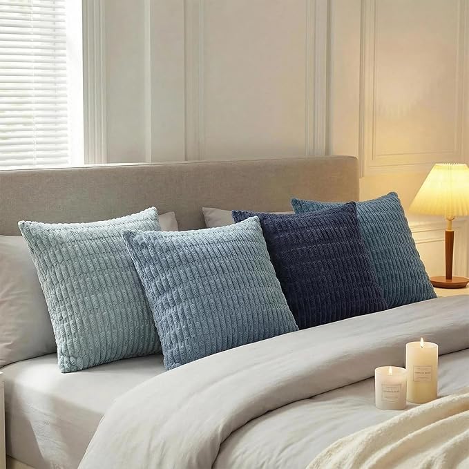 Fancy Homi Set of 4 Blue Decorative Throw Pillow Covers 12x12 Inch for Couch Bed Chair, Modern Farmhouse Boho Room Decor, Soft Fuzzy Corduroy Textured Striped Coastal Blue Cushion Case 30cm