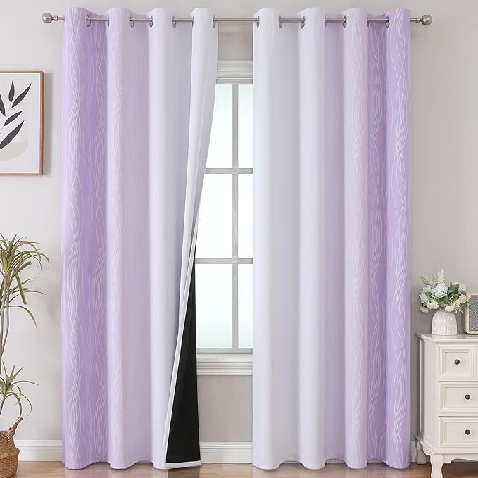 Estelar Textiler Lilac and Greyish White Blackout Curtains 96 Inches Long, Full Room Darkening Grommet Curtains for Bedroom, Thermal Insulated Ombre Blackout Drapes for Living Room, 52Wx96L, 2 Panels