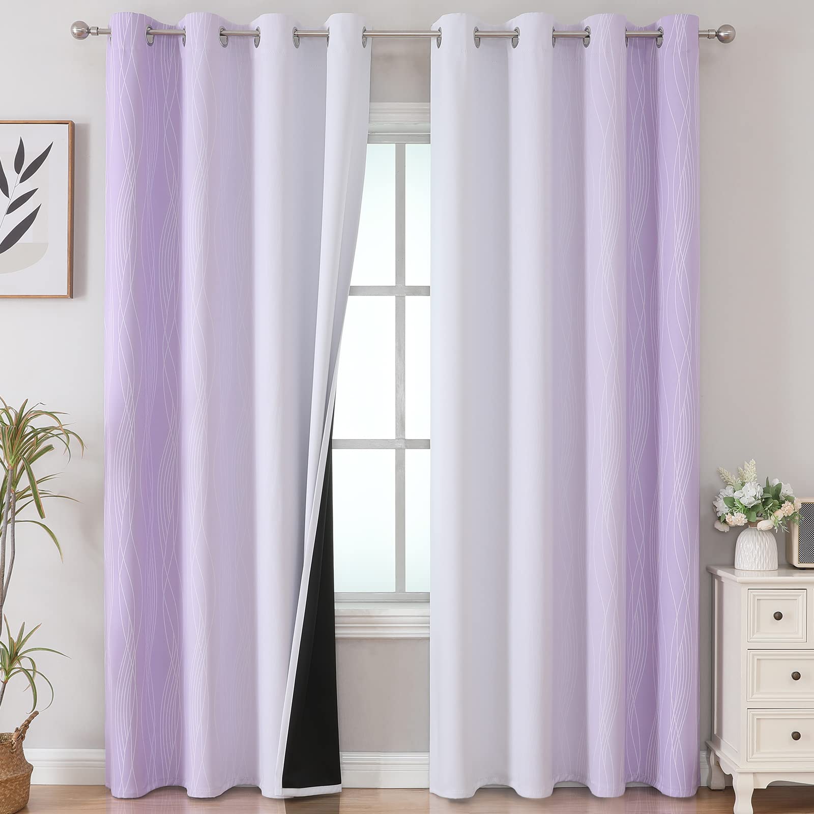 Lilac and Greyish White Ombre Blackout Curtains Living Room 102 Inch Long