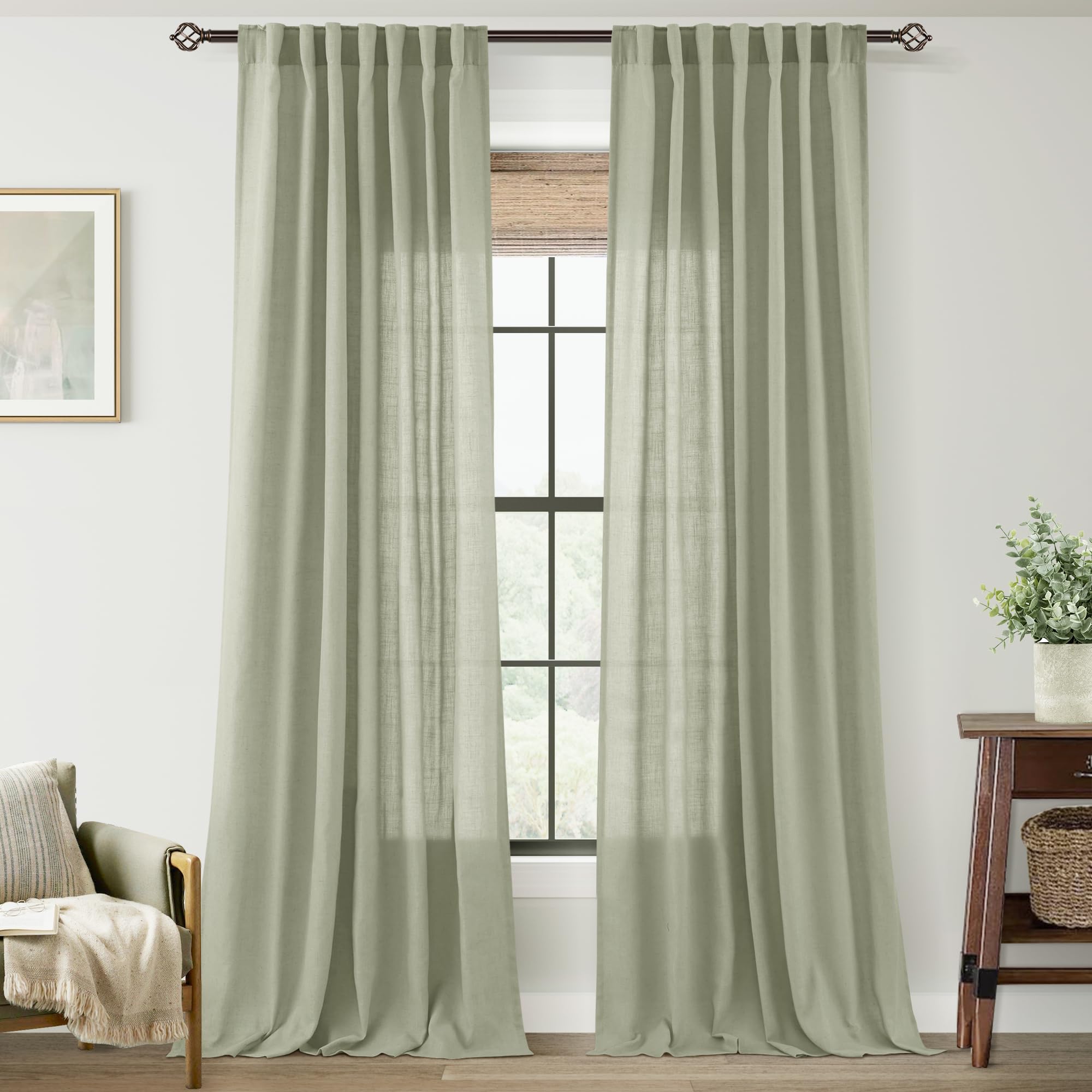 Linen Blend Sage Green Curtains 96 inch Length 2 Panels for Bedroom Back Tab Light Filtering Semi Sheer Drapes Linen Cotton Textured Light Green Airy Modern Farmhouse Living Room Sage Aesthetic Decor