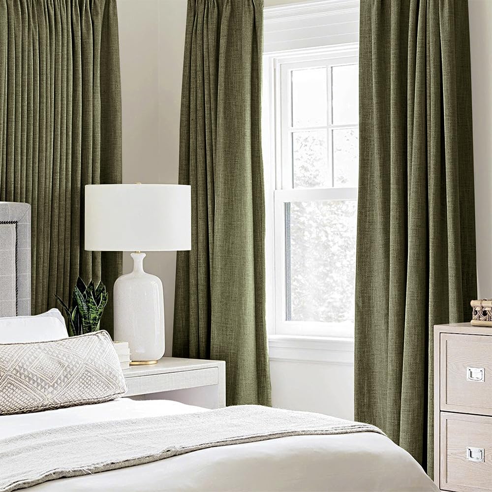 MIULEE 100% Blackout Linen Curtains for Bedroom 52x96 Light Olive Green