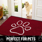 Smiry Dog Door Mat for Muddy Paws, Absorbent Dirt Trapper Non Slip Quick Dry Washable Chenille Mat for Mud Dogs, Entry Rug for Indoor and Outdoor (36x24 Inches, Red and White)