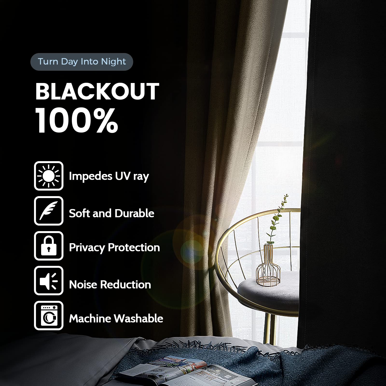 SimpleHome Beige 100% Blackout Curtains Room Darkening Living Room 63 Inch