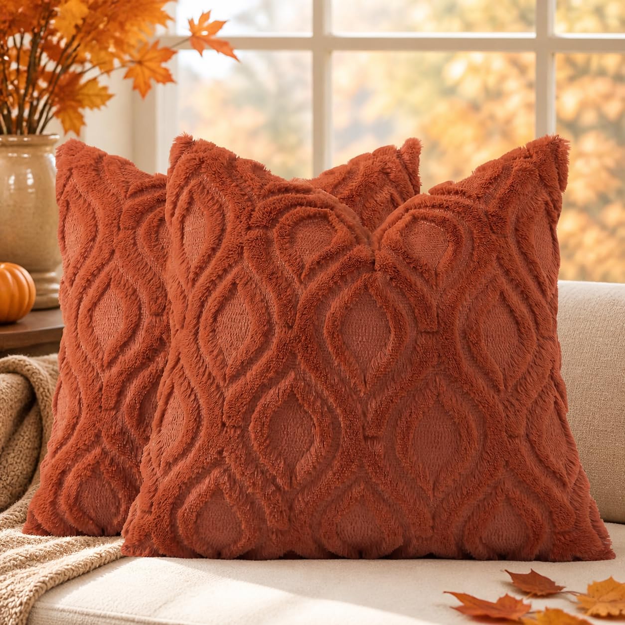 decorUhome Faux Fur Plush Soft Rust Throw Pillow Covers 16x16 Set of 2
