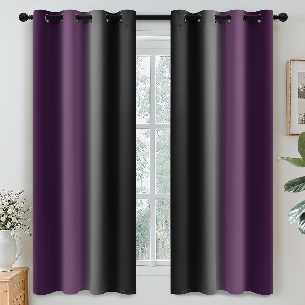 Yakamok Blackout Ombre Purple and Black Curtains for Bedroom, Gradient Room Darkening Curtains, Grommet Thermal Insulated Light Blocking Window Drapes/Curtain for Living Room,52 x 63 Inch,2 Panels