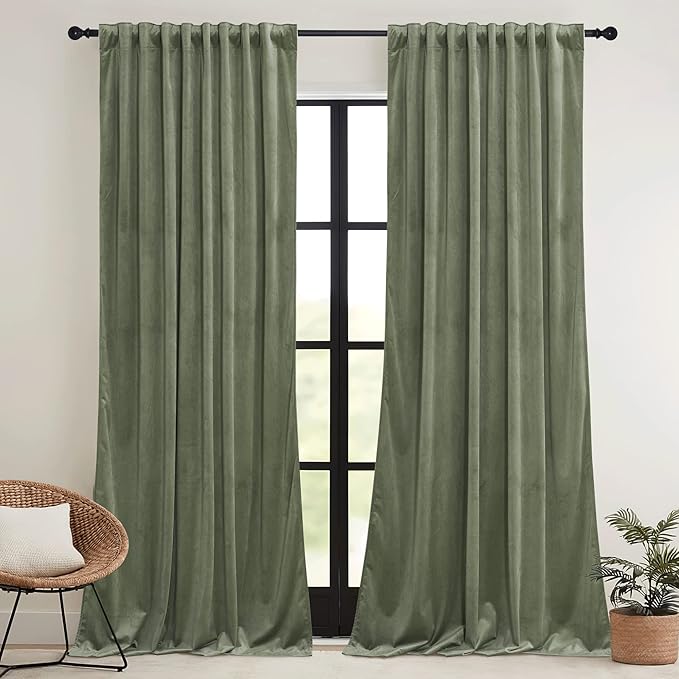 RYB HOME Sage Green Velvet Curtains 102 inches with Hook Belt, Soft Fabric Room Darkening Thermal Insulated Luxurious Home Decor Curtains for Living Room Bedroom, W 52" x L 102", 2 Panels Set