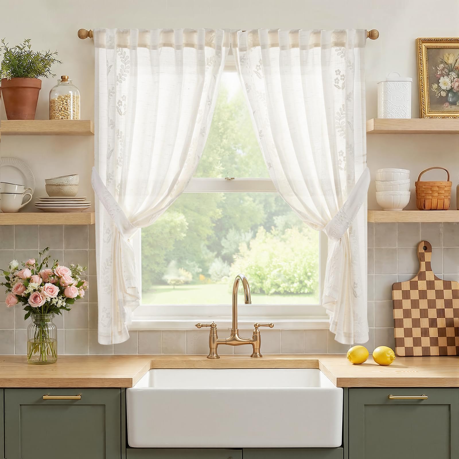 jinchan Floral Linen Curtains 84 Inch Farmhouse Back Tab 2 Panels