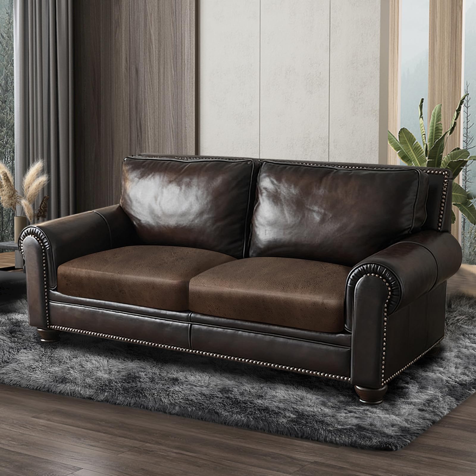 ANARACHON Leather Look Couch Cushion Covers Sofa Seat Slipcovers Sets Couches Furniture Protector for Sectional Armchair Loveseat Pets Kids Stretch Spandex Fabric (2 Cushion Loveseat, Brown)
