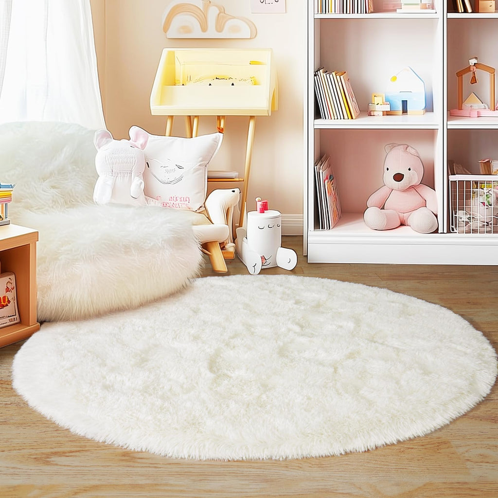 Quntue 5'x5' Cream Round Rugs for Girls Bedroom, Ultra Soft Fluffy Circle Rug for Kids Room, Cute Shag Rugs for Living Room Playroom Tent Castle Home Decor Rug