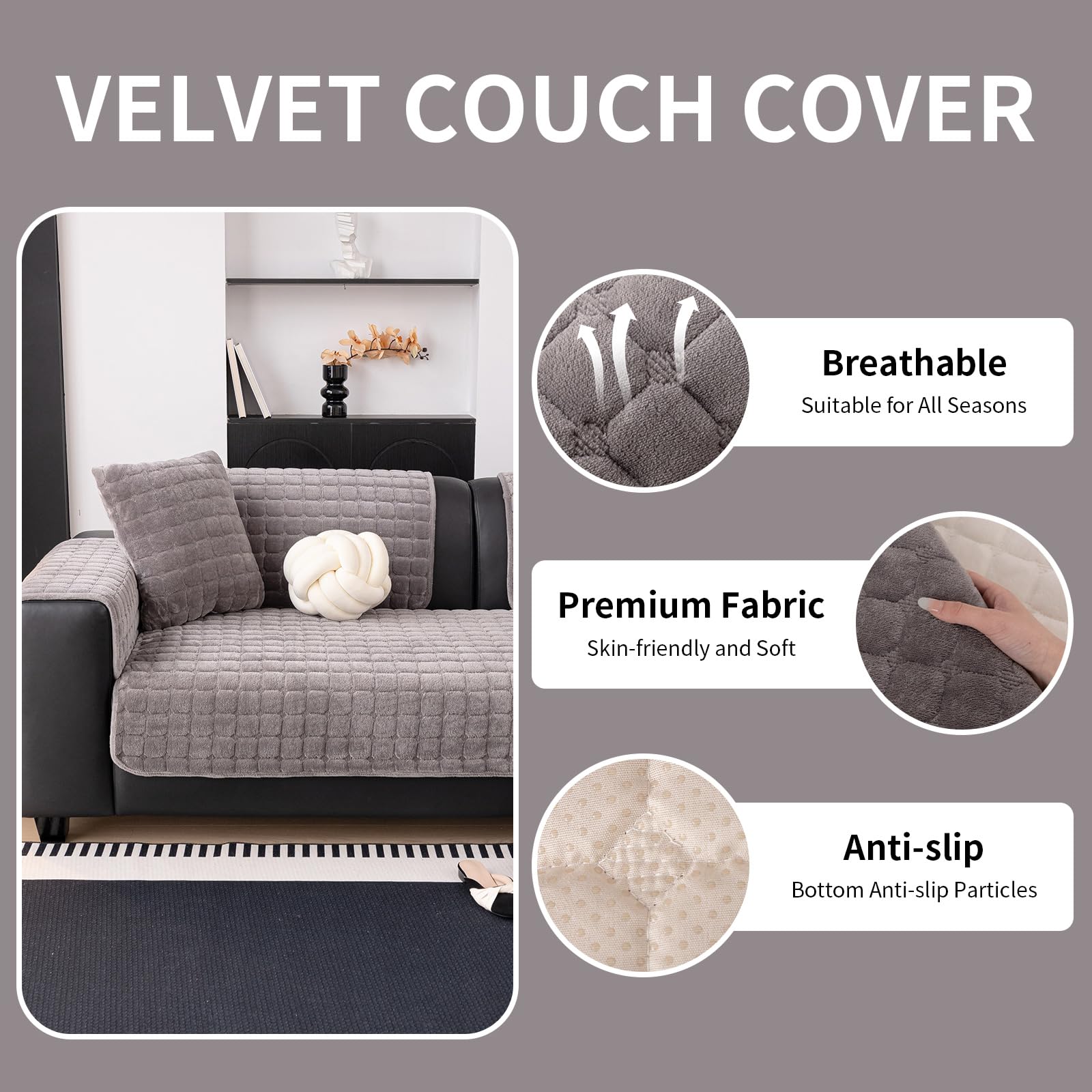 MDSASFD Velvet Couch Cover, Washable Sectional Sofa Cover, Anti Slip Sofa Slipcovers for 3 Cushion Couch Sofa L Shaped Recliner, Furniture Protector Covers for Pets Kids(Dark Grey, Only 1 PCS)