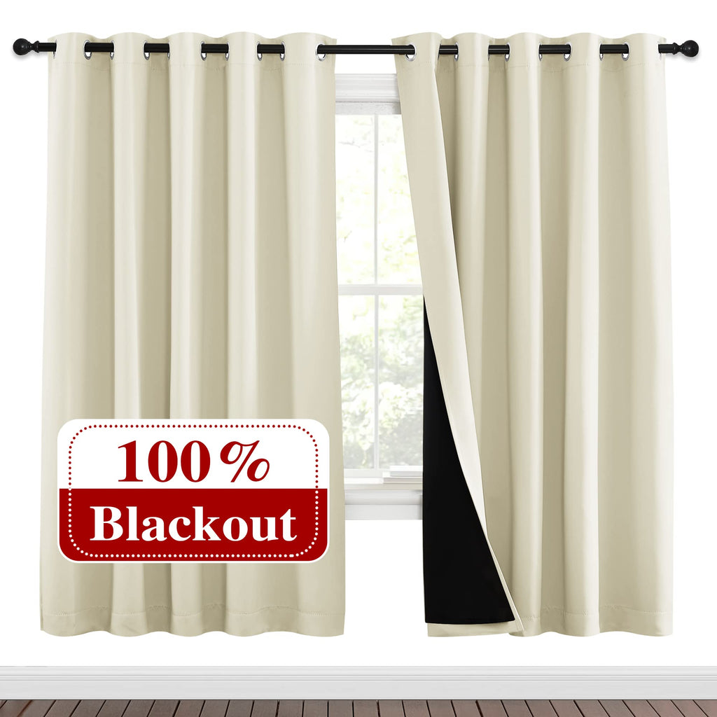 NICETOWN Living Room Completely Shaded Draperies, Privacy Protection & Noise Reducing Ring Top Drapes, Black Lined Insulated Window Treatment Curtain Panels (Beige, 2 Pieces, W70 x L72)