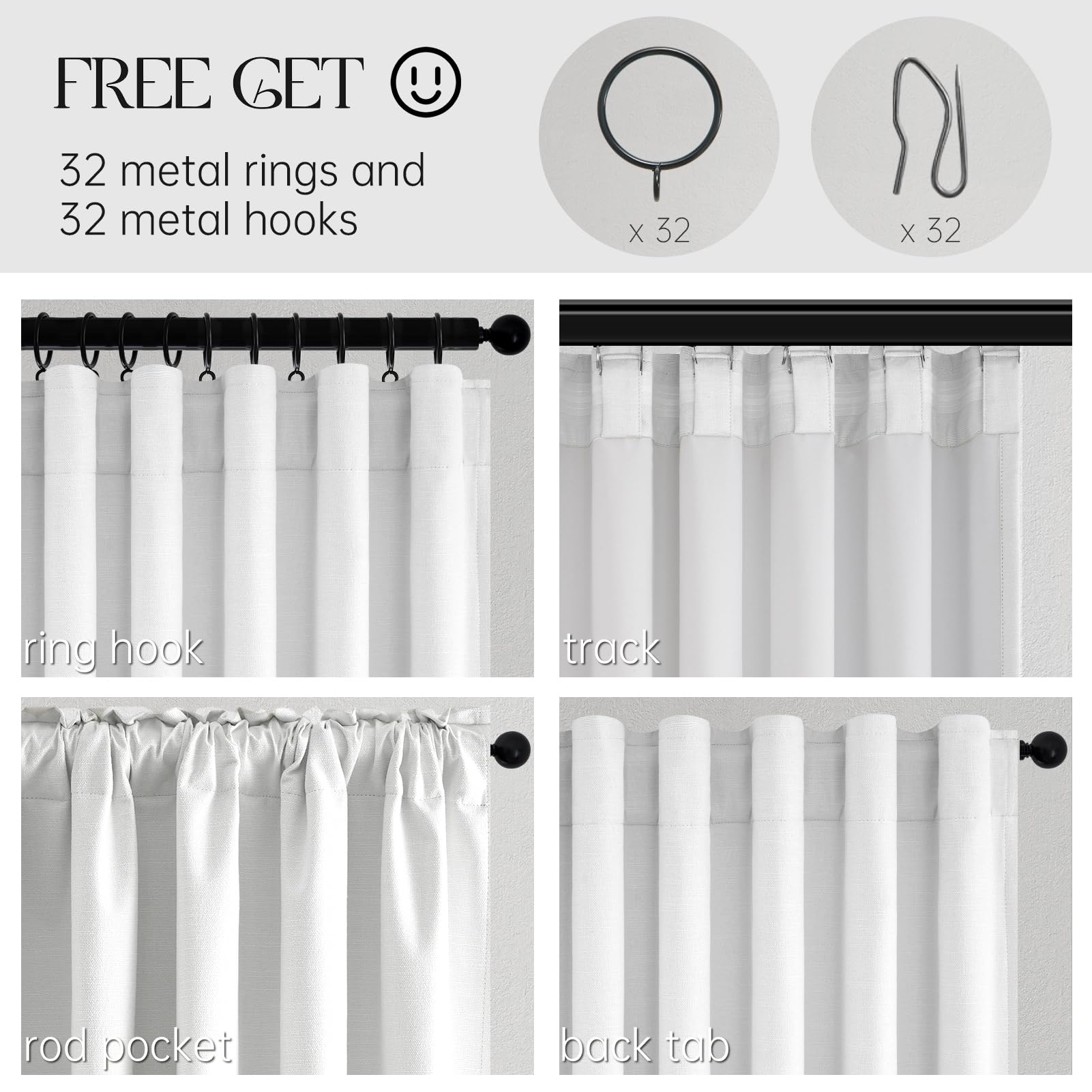 96 inch long Linen blackout curtains 2 Panels 100% Black out Linen texture Curtains ivory white Window Drapes with Back Tab Rod Pocket Mordern vintage Curtains Panel for Bedroom Living Room 8FT