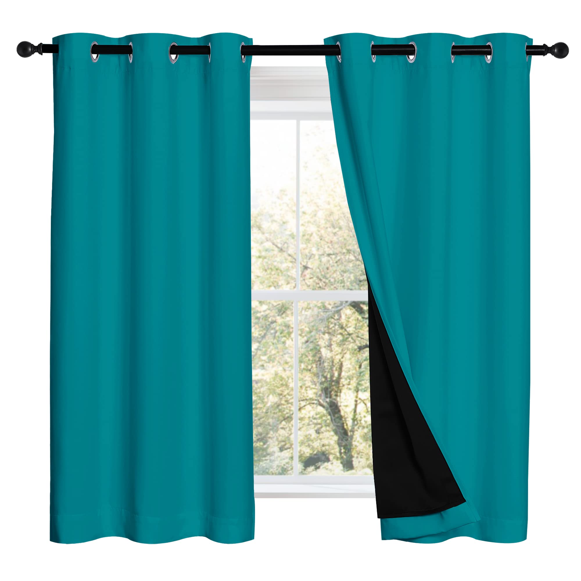 NICETOWN Peacock Teal 100% Blackout Lined Curtains, 2 Thick Layers Completely Blackout Window Treatment Panels Thermal Insulated Drapes for Kitchen (1 Pair, 42" Width x 63" Length Each Panel)