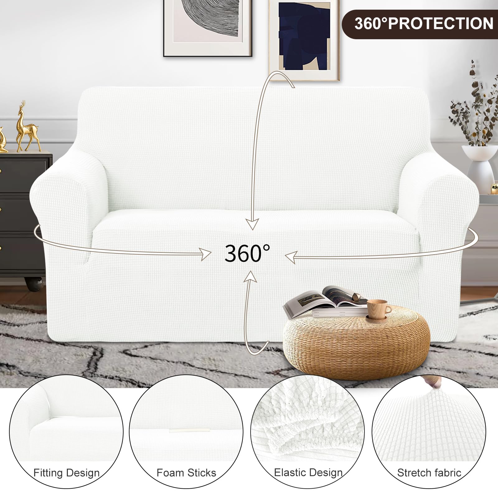 U-NICE HOME Loveseat Cover Stretch Couch Cover Sofa Slipcover, Ivory White
