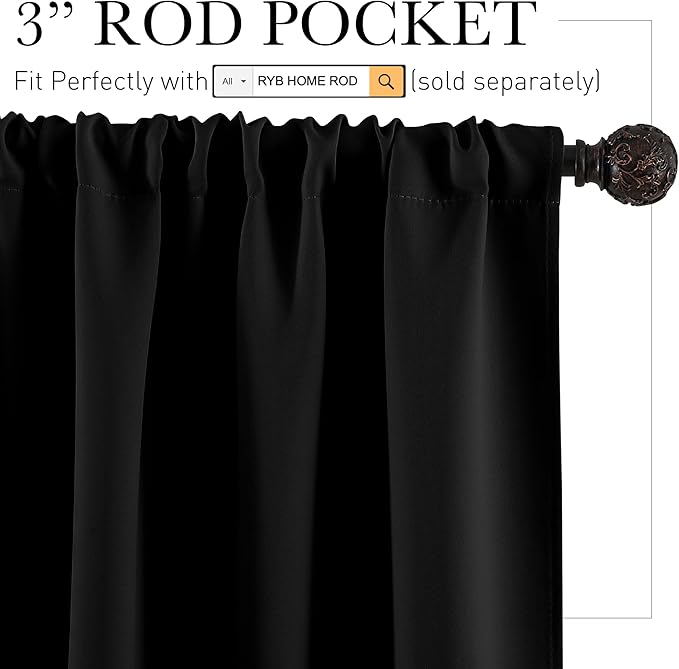 RYB HOME Kitchen Blackout Curtains Over Sink 36 inch Length, Rod Pocket Summer Light UV Blocking Energy Efficient, Cabinet Shelf Cupboard Coverings, Width 29 by Length 36, Black, 2 Panels