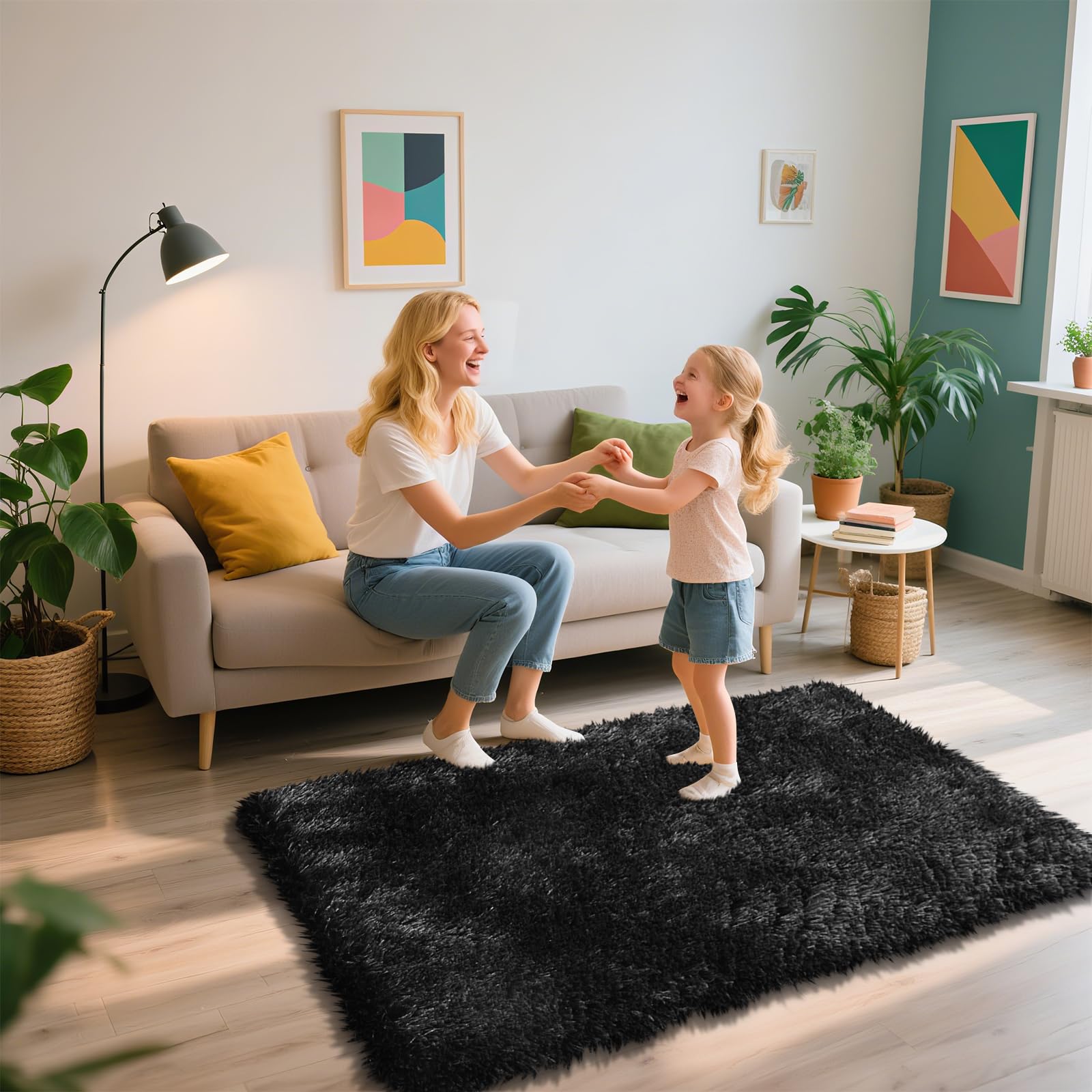 3x5 Area Rug for Bedroom, Black Fluffy Shag Rug Small Rug Plush Carpet