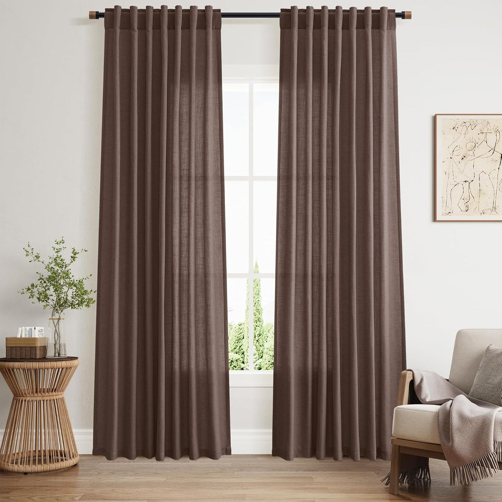 Cappuccino Linen Curtains 80 Inch Length for Living Room Light Filtering Semi Sheer Curtain Back Tab Rod Pocket Luxury Modern Rustic Home Decor Neutral Drapes for Bedroom Dinner Room 52x80, 2 Panels