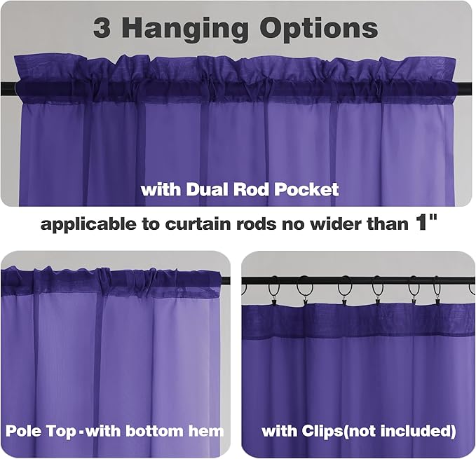 Chyhomenyc Sheer Purple Tier Curtains 24 Inch Length, Small Window Curtains Treatment for Bathroom Living Room Basement, Short Rod Pocket Cafe Curtain, 42W x 24L Inches, 2 Panels
