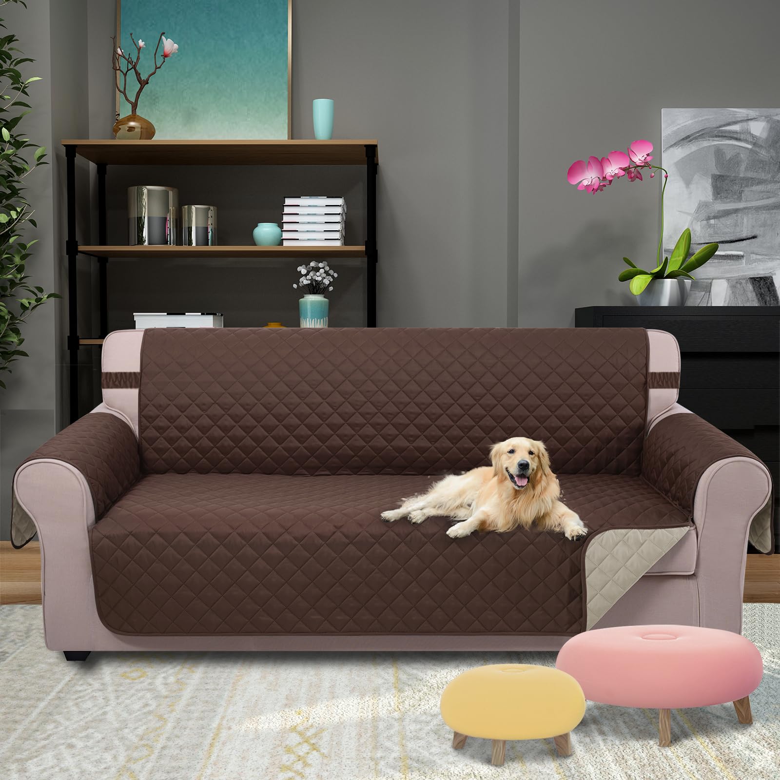 U-NICE HOME 4 Seater Sofa Cover 91''Large Couch Cover, Coffee/Beige