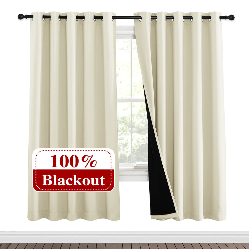 NICETOWN Living Room Completely Shaded Draperies, Privacy Protection & Noise Reducing Ring Top Drapes, Black Lined Insulated Window Treatment Curtain Panels (Beige, 2 Pieces, W62 x L72)