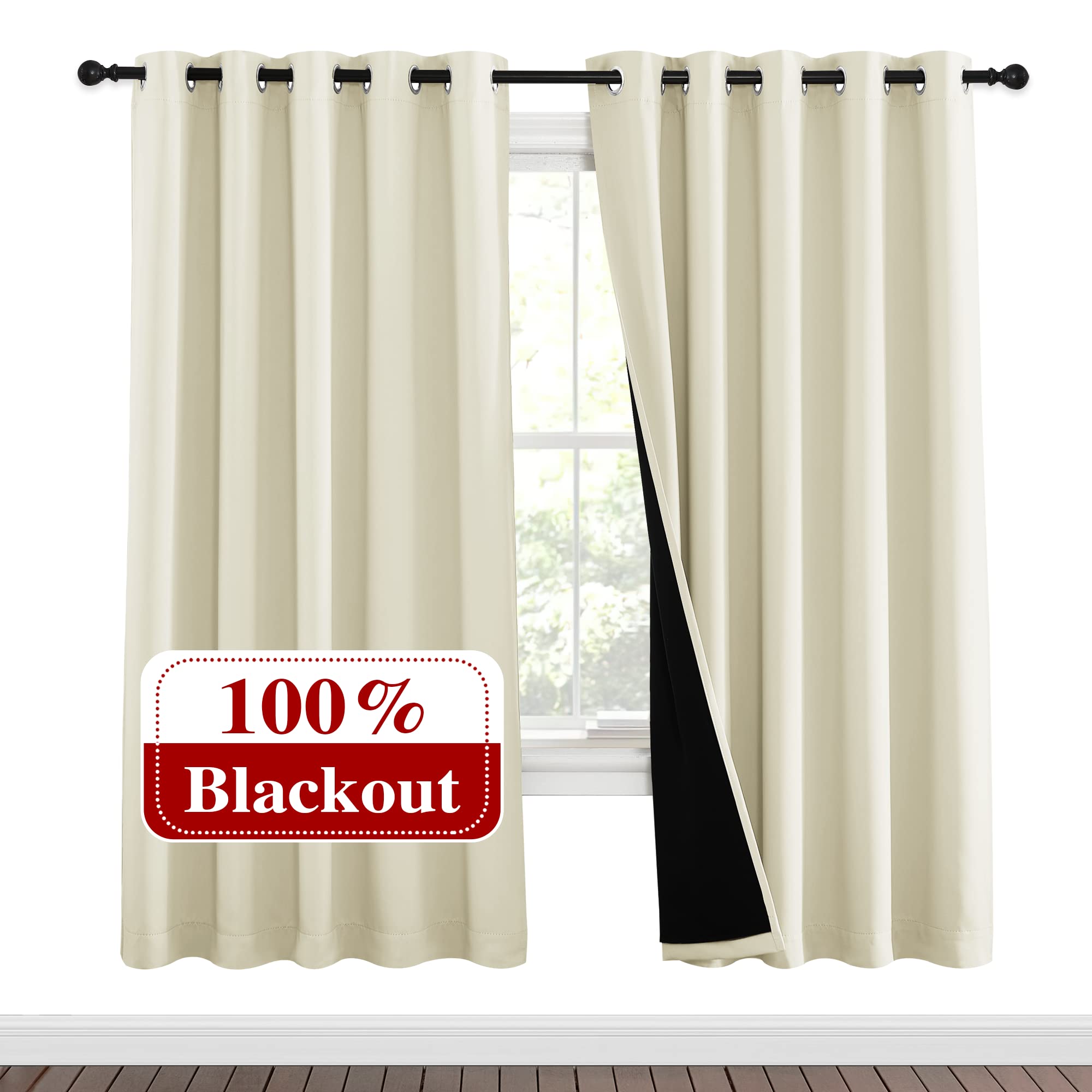 NICETOWN Living Room Completely Shaded Draperies, Privacy Protection & Noise Reducing Ring Top Drapes, Black Lined Insulated Window Treatment Curtain Panels (Beige, 2 Pieces, W62 x L72)