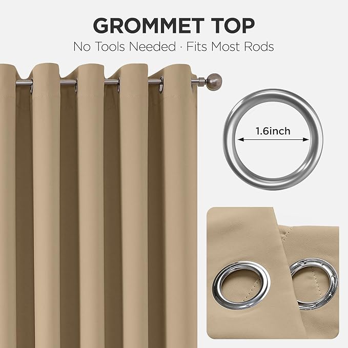 Joydeco Blackout Patio Sliding Door Curtains 96 Inches Long, Grommet Privacy Room Divider Curtains, Extra Wide Thermal Blackout Drapes for Bedroom Living Room (Light Beige, 100Wx96L, 1 Panel)
