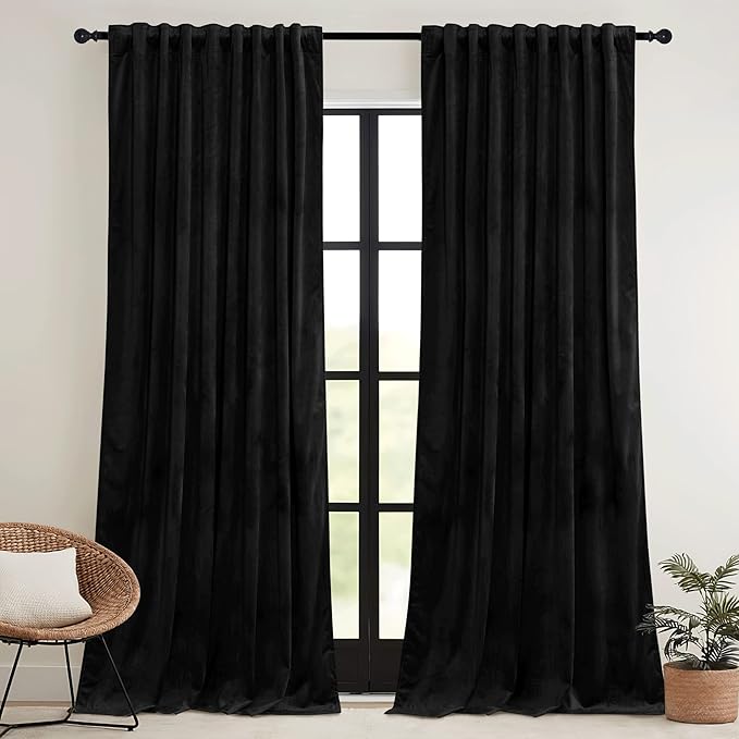 RYB HOME Black Velvet Curtains 102 inches with Hook Belt, Soft Fabric Room Darkening Thermal Insulated Luxurious Home Decor Curtains for Living Room Bedroom, W 52" x L 102", 2 Panels Set