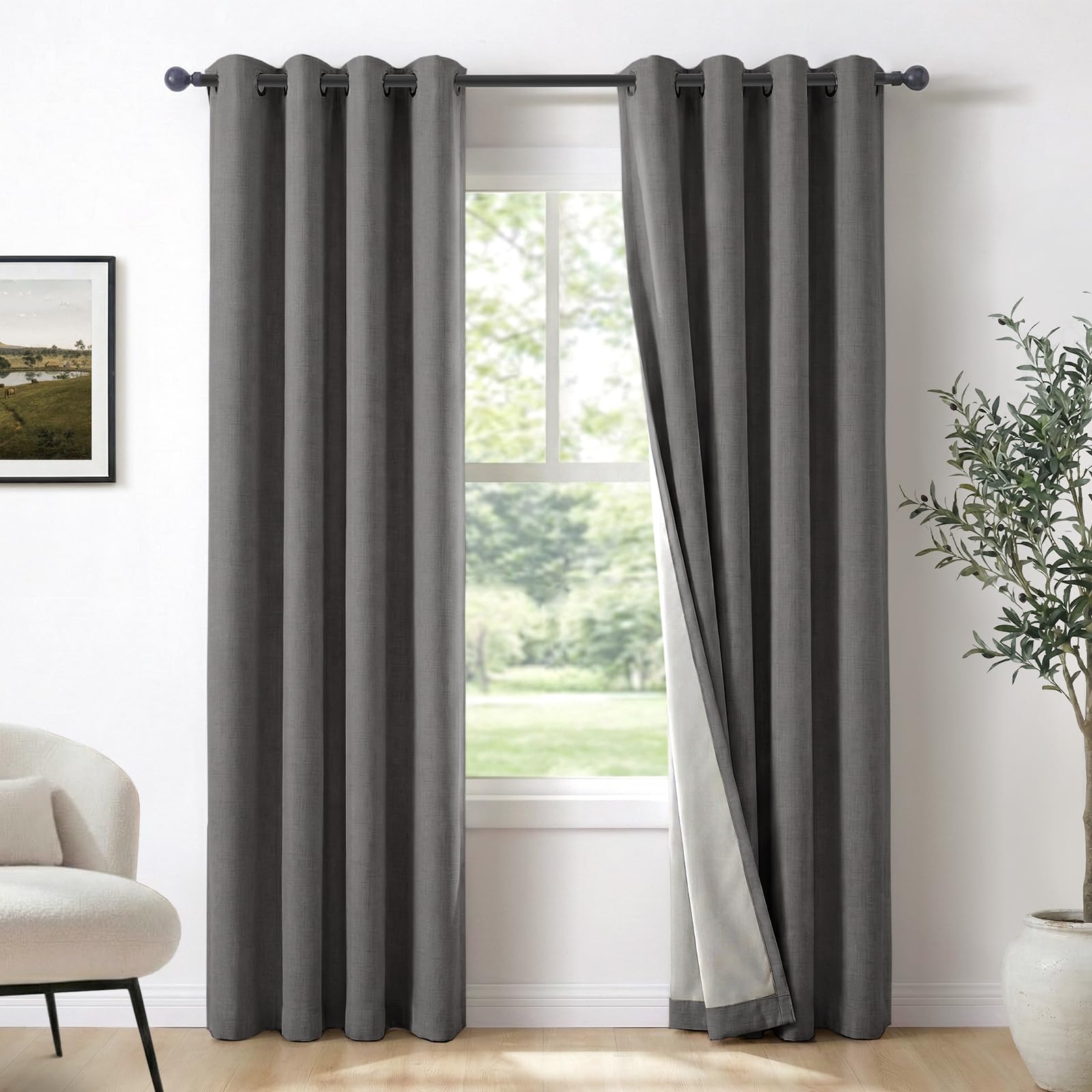 Linen Textured Total Blackout Curtains 90 Inches Long, Dark Gray