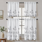 HOMEIDEAS Kitchen Curtains, Short Non-See-Through Privacy 30X24 Inch Length Tier Curtains, Grey and White Leaf Floral Printed Light Filtering Semi Sheer Small Window Drapes for Bathroom Cafe, 2 Panels