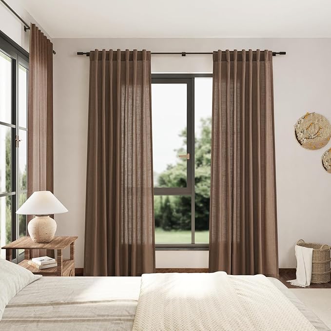 Caramel Brown Linen Curtains for Living Room 98 Inches Long Back Tab and Rod Pocket Light Filtering Semi Sheer Vintage Rustic Curtain Luxury Boho Decor Drapes for Bedroom Office 52x98, 2 Panels
