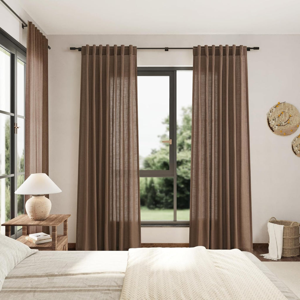 Nanspring Caramel Brown Linen Curtains for Living Room 92 Inches Long Back Tab Light Filtering Semi Sheer Vintage Rustic Curtain Luxury Boho Decor Drapes for Bedroom Office 52x92, 2 Panels