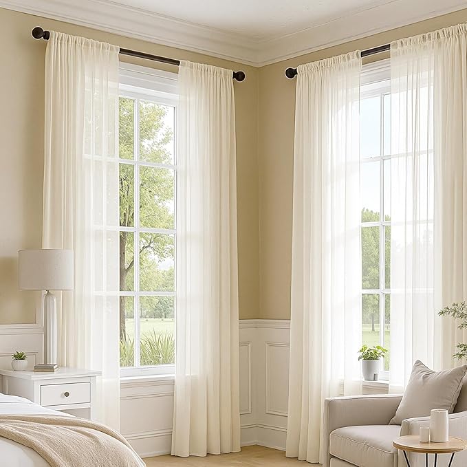 MIULEE Butter Cream Sheer Curtains 63 Inches Long, 4 Panels Set, Rod Pocket Voile Drapes Light Filtering and Semi Transparent, Elegant Window Treatments for Bedroom Living Room,54 x 63 Inches