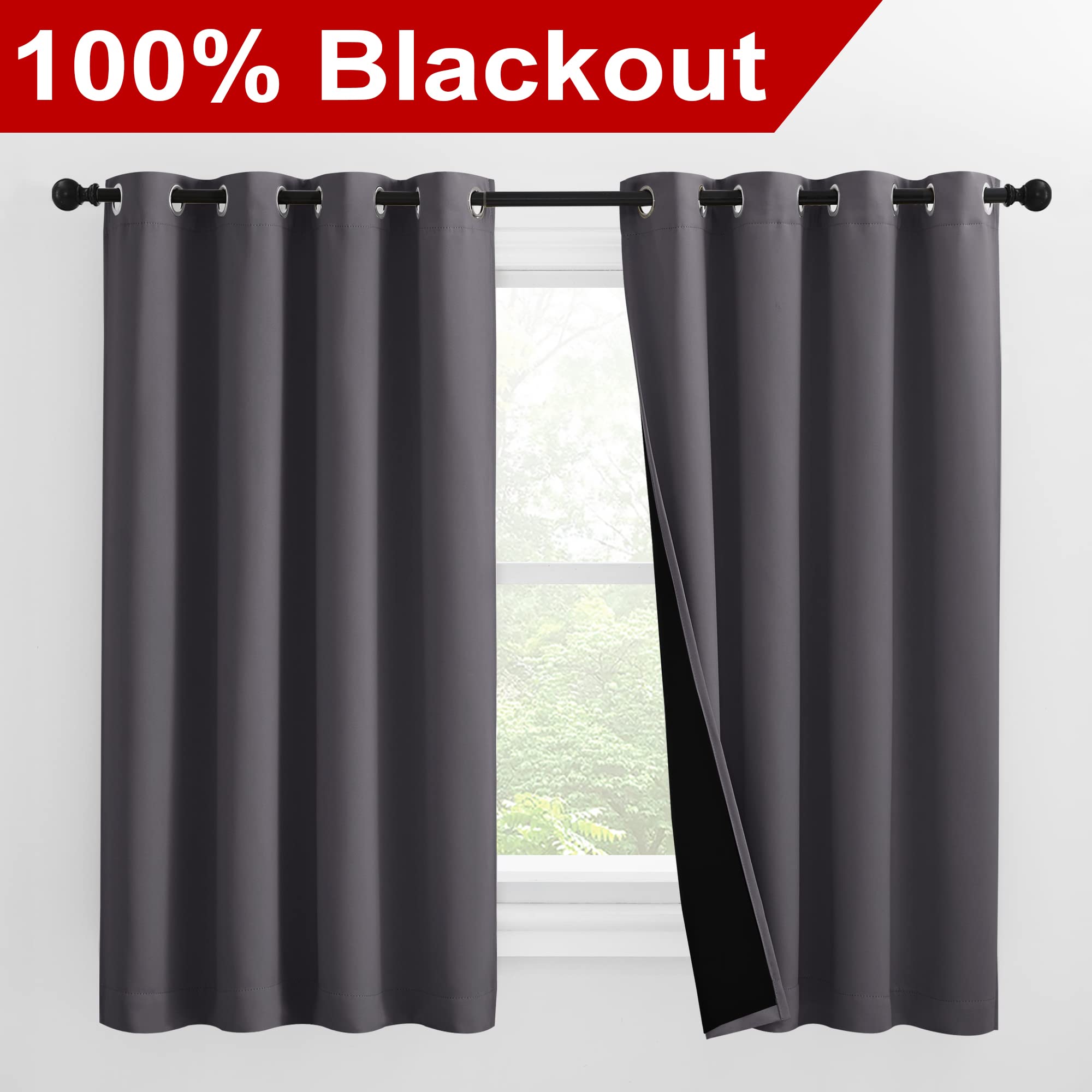 NICETOWN 100% Blackout Curtains with Black Liners, Thermal Insulated Full Blackout 2-Layer Lined Drapes, Noise Cancellation Window Draperies for Dining Room (Grey, 2 Panels, 55-inch W by 57-inch L)