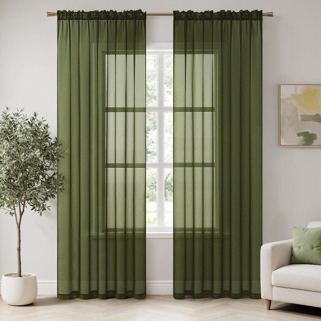 MIULEE Olive Green Sheer Curtains 54 X 45 Inches, 2 Panels