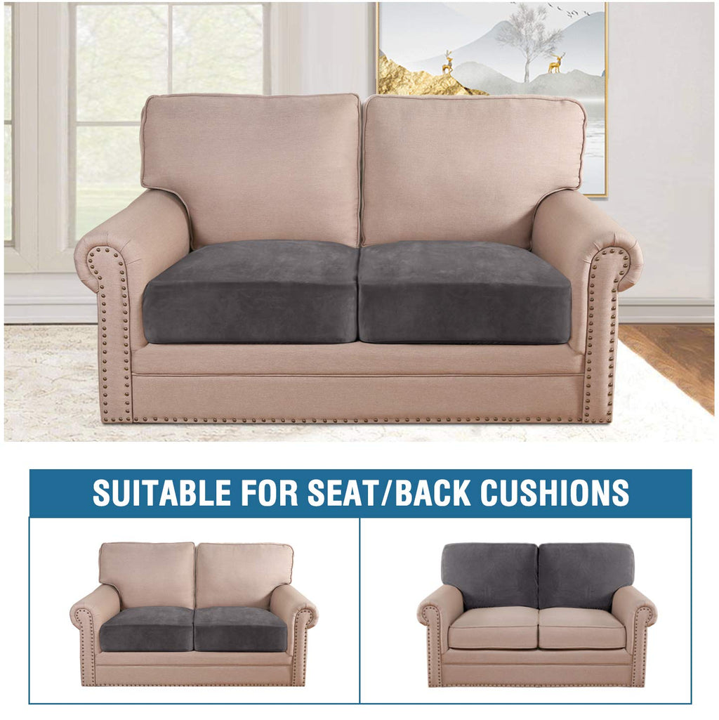 H.VERSAILTEX Velvet Stretch Couch Cushion Cover Plush Cushion Slipcover for Chair Loveseat Sofa Cushion Furniture Protector Seat Cushion Sofa Cover (2 Piece Medium Sofa Cushion Covers, Grey)
