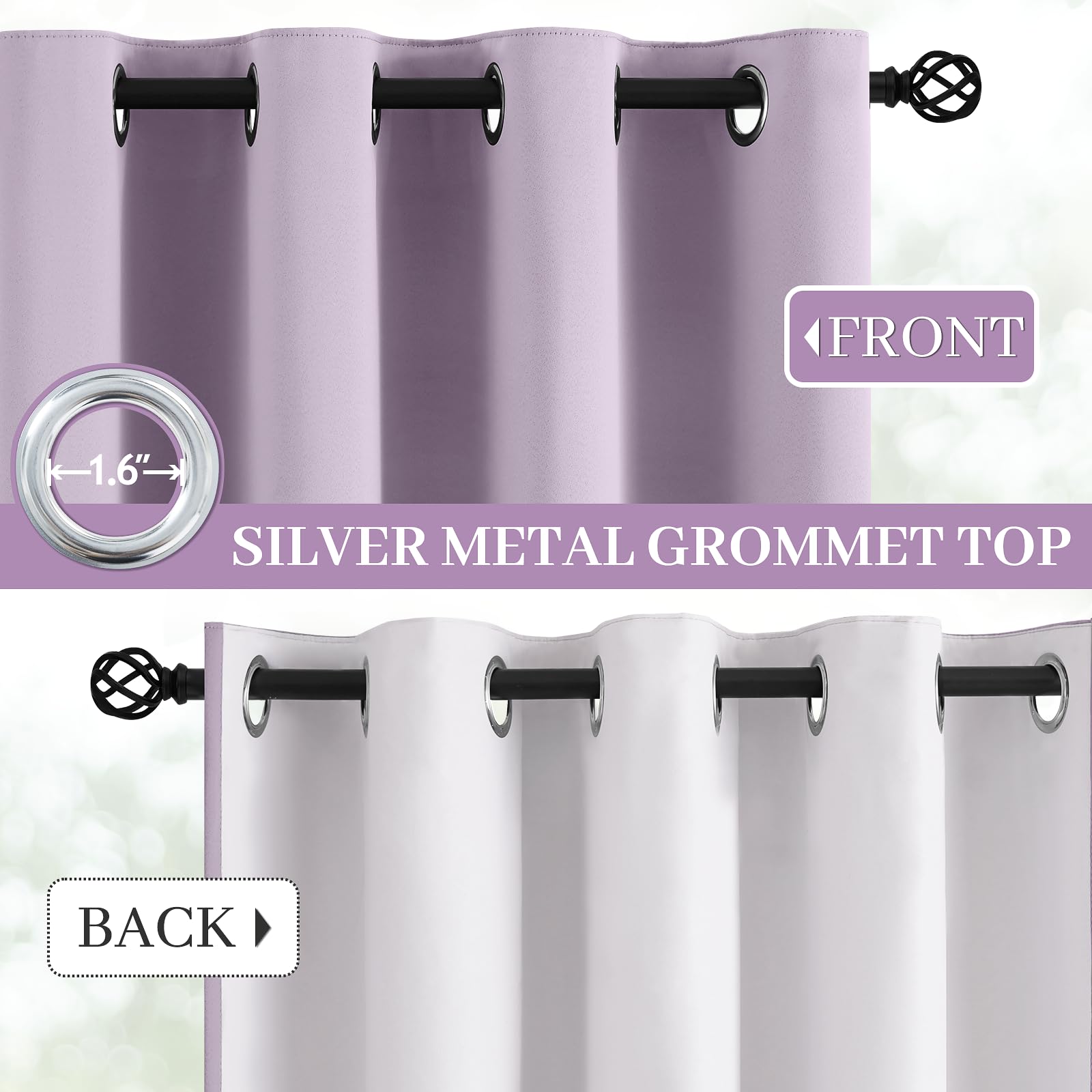 Yakamok 100% Blackout Curtains 52x84 inch Long Lilac Window Drapes-Bedroom