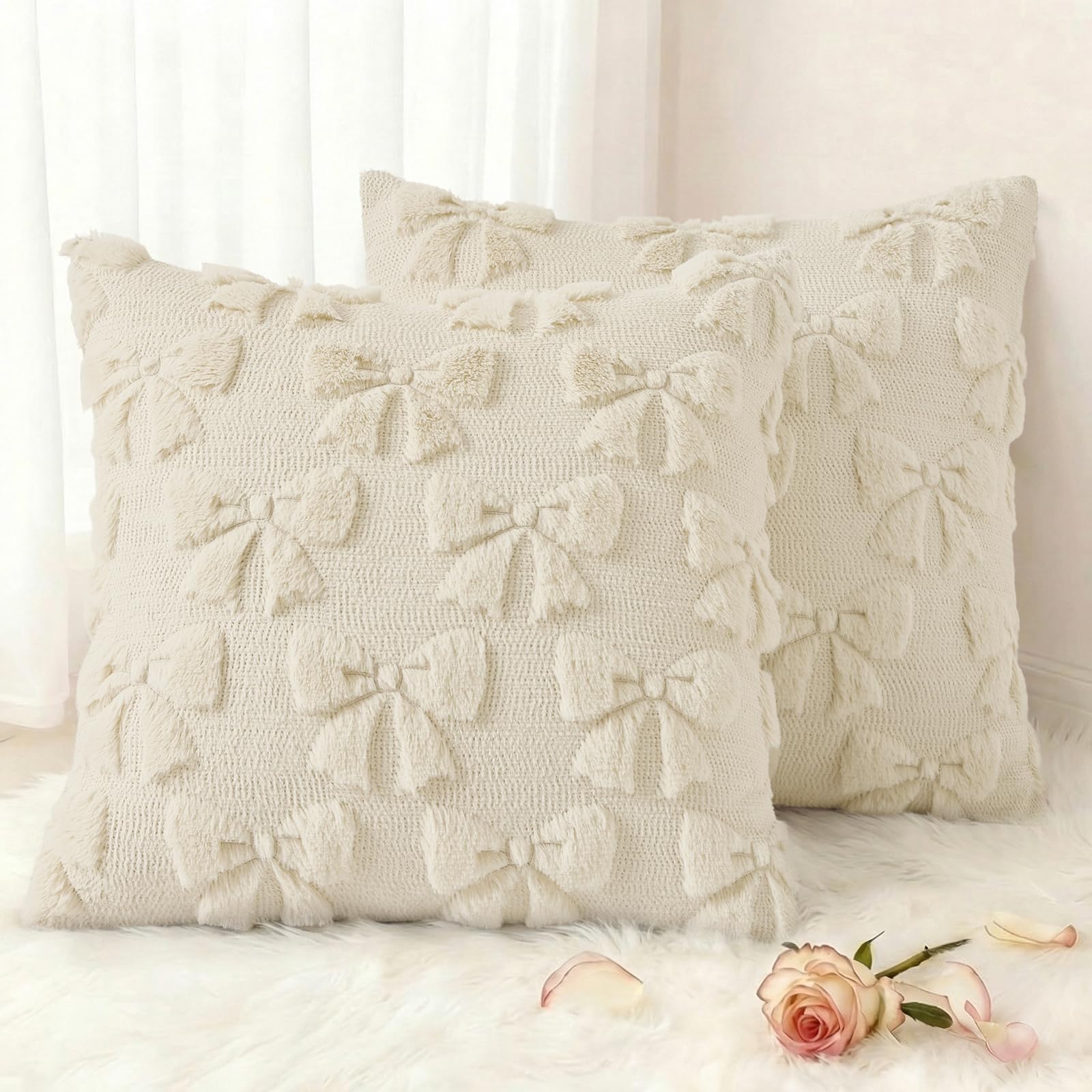 decorUhome Beige Bow Cute Girl Faux Fur Throw Pillow Covers 18x18 Set of 2