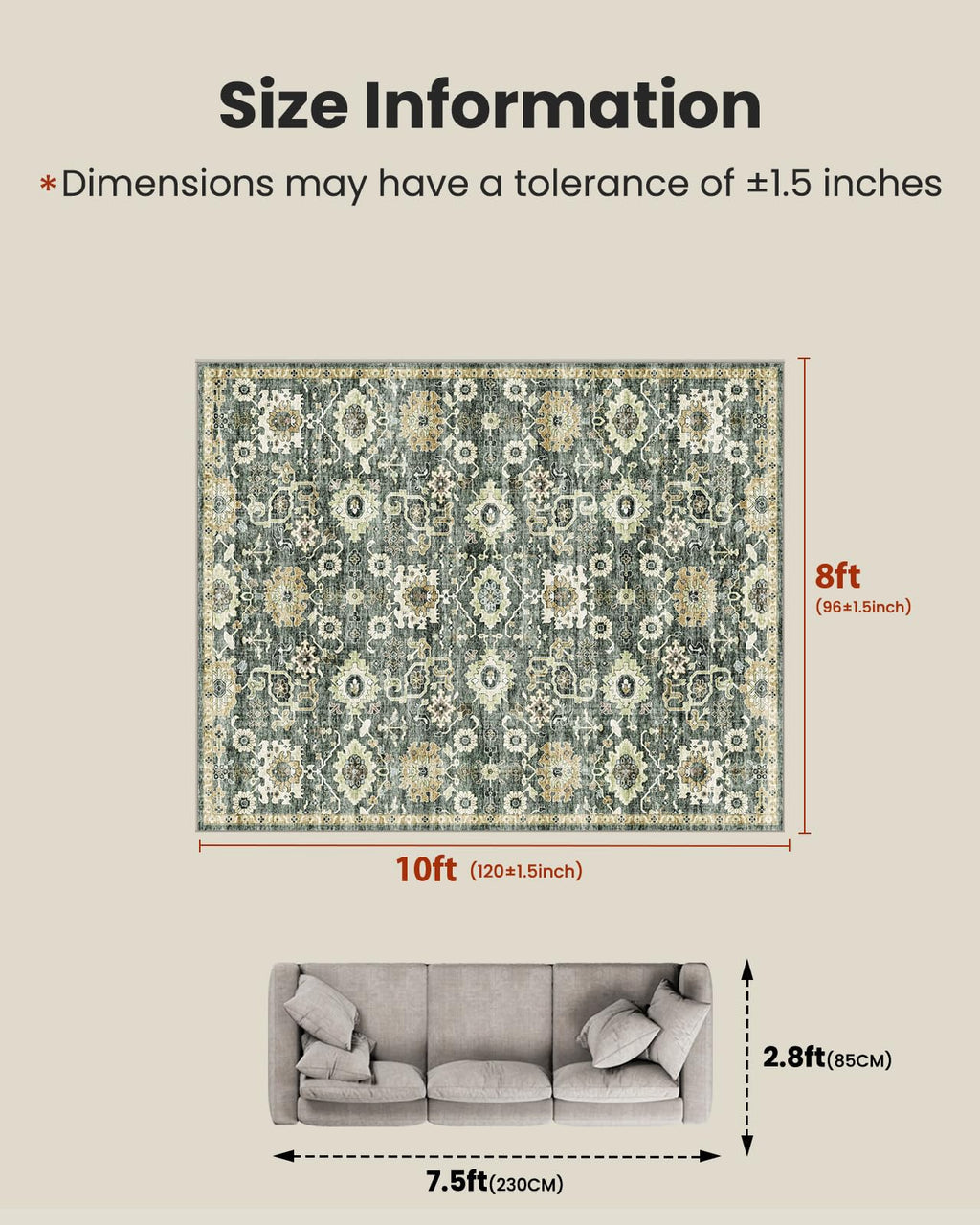 AMADA HOMEFURNISHING 8x10 Washable Area Rug, Low-Profile Large Area Rug with Non-Slip Backing & Durable Edge Binding, Vintage Large Rugs for Living Room, Bedroom, Dinning Room
