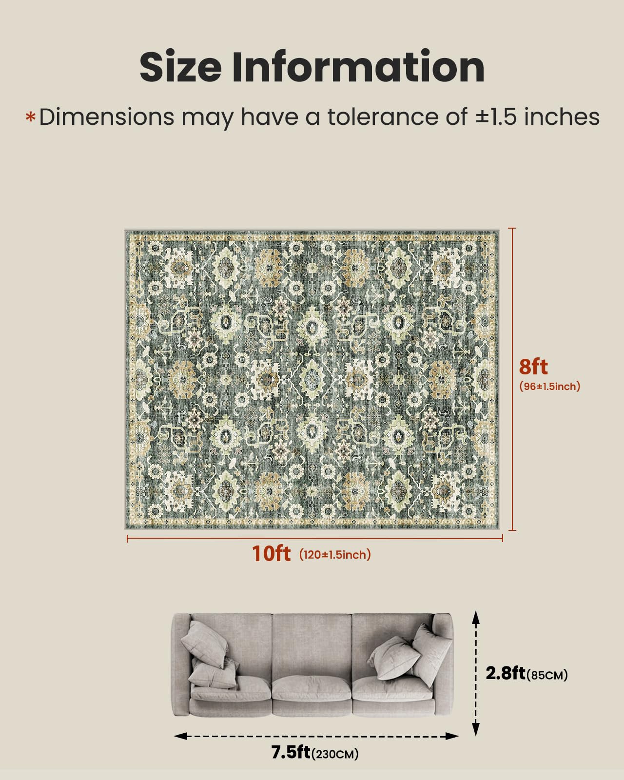 AMADA HOMEFURNISHING 8x10 Washable Area Rug, Low-Profile Large Area Rug with Non-Slip Backing & Durable Edge Binding, Vintage Large Rugs for Living Room, Bedroom, Dinning Room