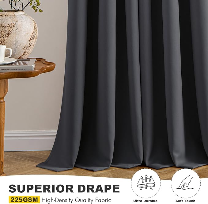MIULEE Dark Grey Blackout Curtains for Bedroom Living Room 63 Inches Long 2 Panels, Thermal Insulated Room Darkening Drapes Solid Grommet Noise Reduction Light Blocking Window Treatments 40x63 Inch
