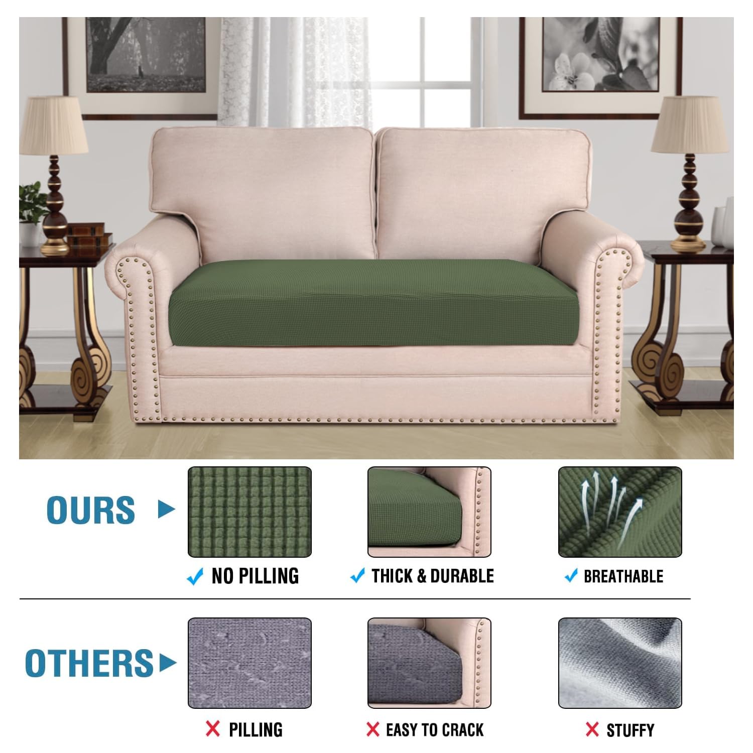 H.VERSAILTEX Super Stretch Individual Seat Cushion Covers Sofa Covers Couch Cushion Covers Slipcover Sets Thick Jacquard Textured Twill Fabric (1 Piece Loveseat Cushion Cover, Bronze Green)