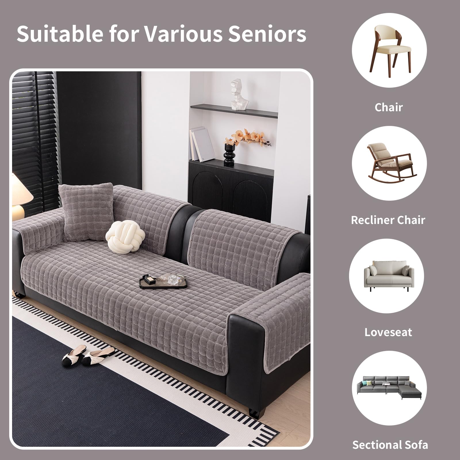 MDSASFD Velvet Couch Cover, Washable Sectional Sofa Cover, Anti Slip Sofa Slipcovers for 3 Cushion Couch Sofa L Shaped Recliner, Furniture Protector Covers for Pets Kids(Dark Grey, Only 1 PCS)