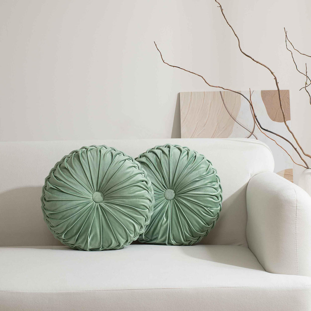 HIG Set of 2 Sage Velvet Decorative Round Pleated Throw Pillows