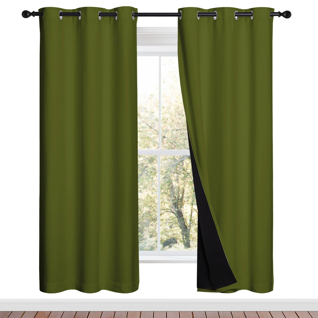 NICETOWN 100% Blackout Window Curtain Panels, Olive Green, 2 Pieces, 42-inch Wide Per Panel, Full Light Blocking Drapes with Black Liner for Nursery, 72-inch Drop Thermal Insulated Draperies