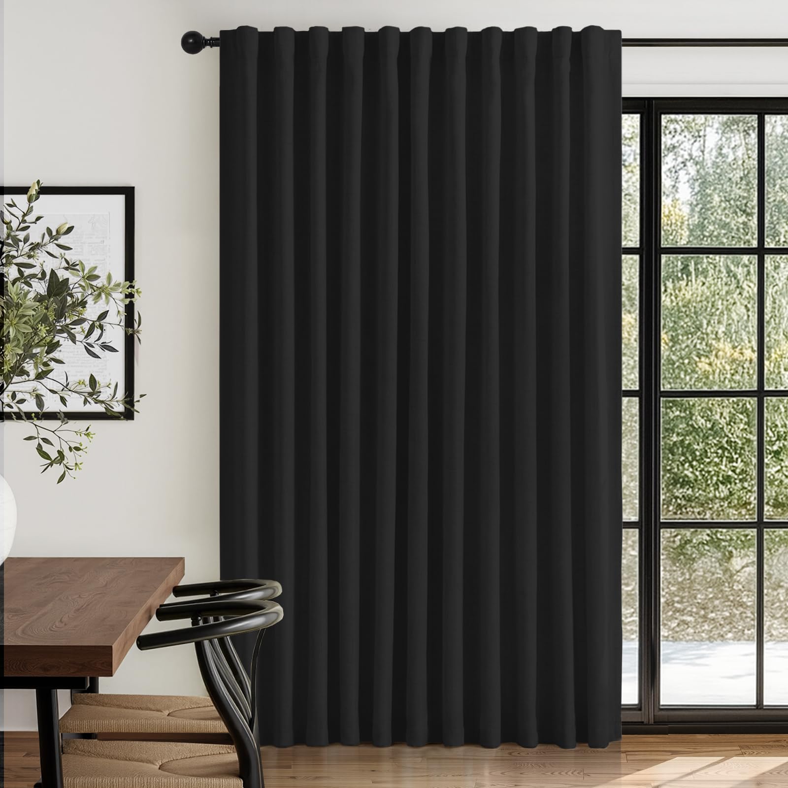 Linen Textured Total Blackout Sliding Door Curtains 96 Inches Long, Black