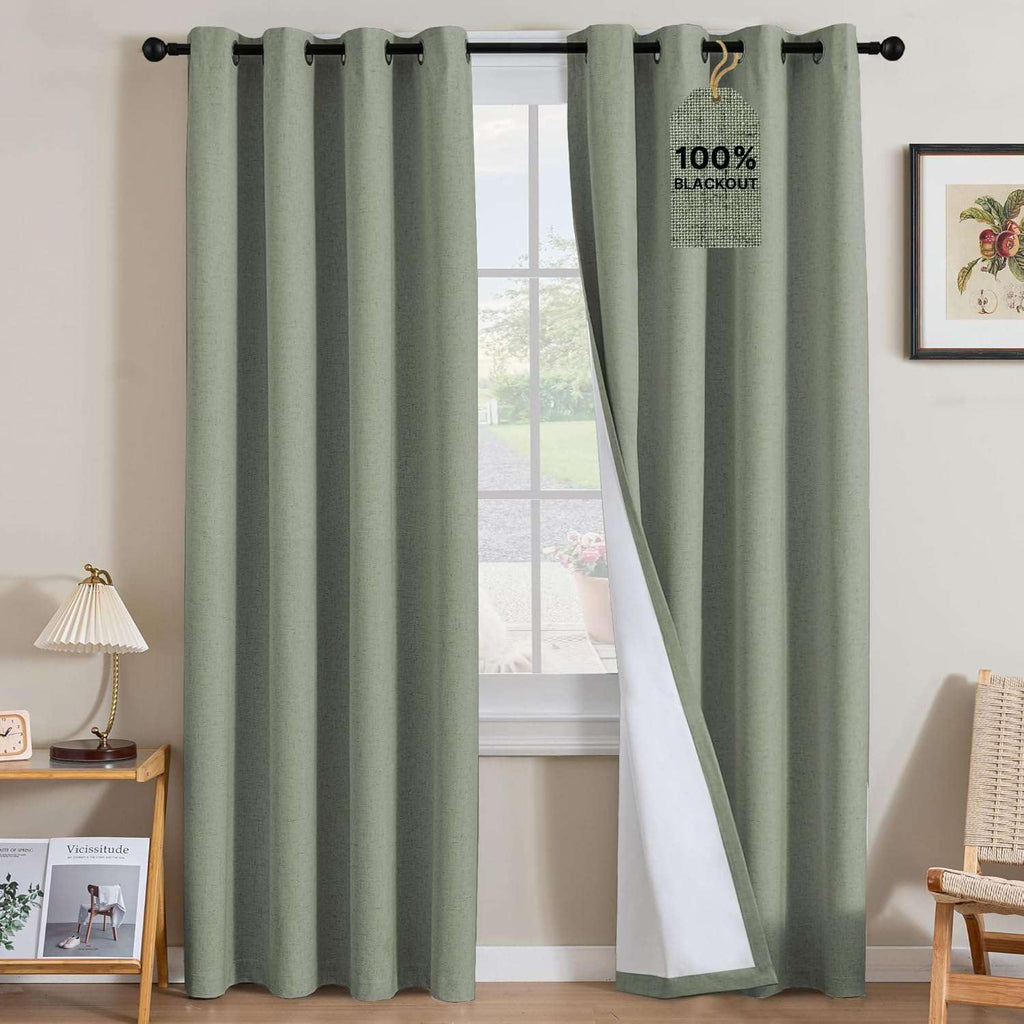 H.VERSAILTEX Linen Curtains 100% Blackout Curtains for Bedroom 102 inch Long Full Light Blocking Nature Linen Blended Window Curtains for Living Room Nickel Grommet (2 Panels, Heathered Dried Sage)