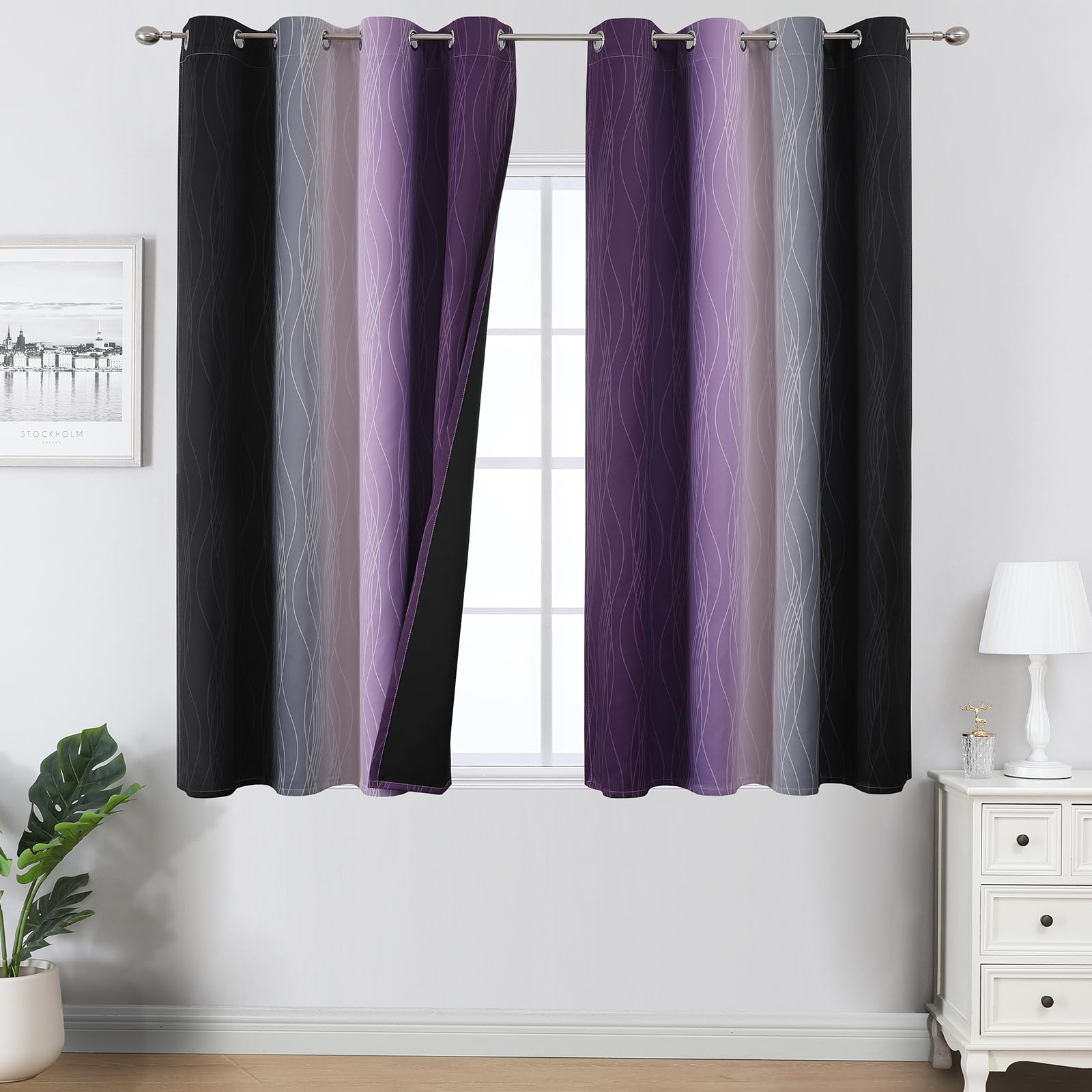 Estelar Textiler Black and Purple Ombre Blackout Curtains 45 Inch Length